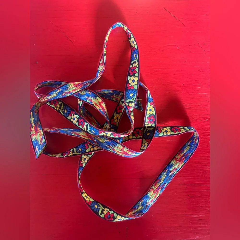 Vintage Black Rainbow Floral Belt Tie Ribbon Boho Cottage Core OS